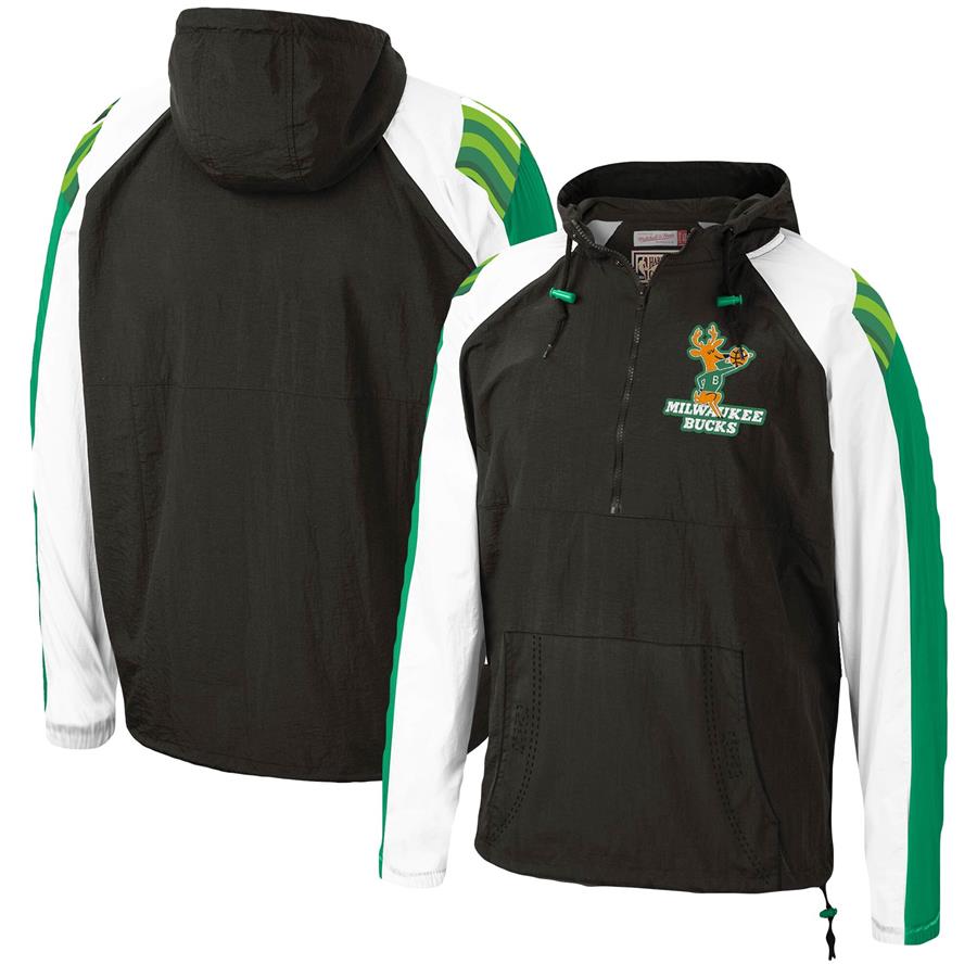Milwaukee Bucks Mitchell & Ness Hardwood Classics Anorak Half-Zip Pullover Hoodie Windbreaker Jacket - Black