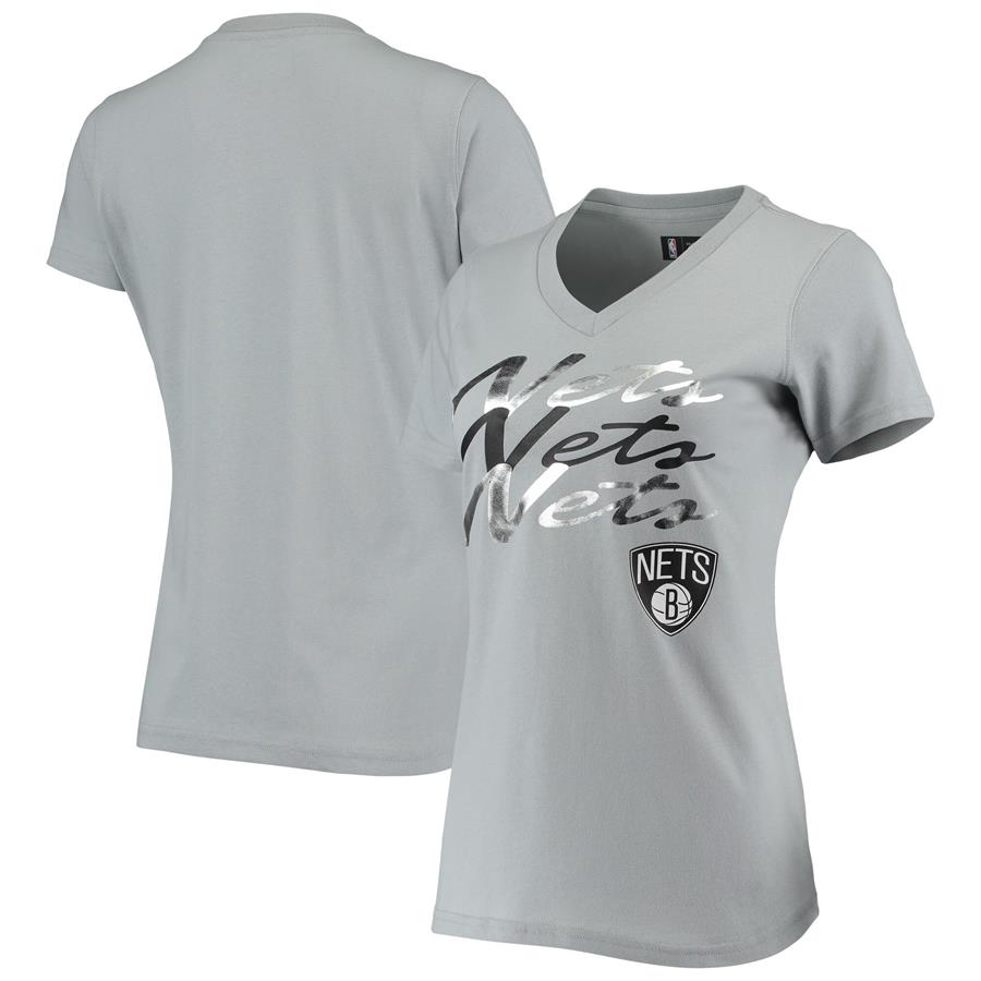 Brooklyn Nets G-III 4Her by Carl Banks Women's Power Forward Foil V-Neck T-Shirt - Gray