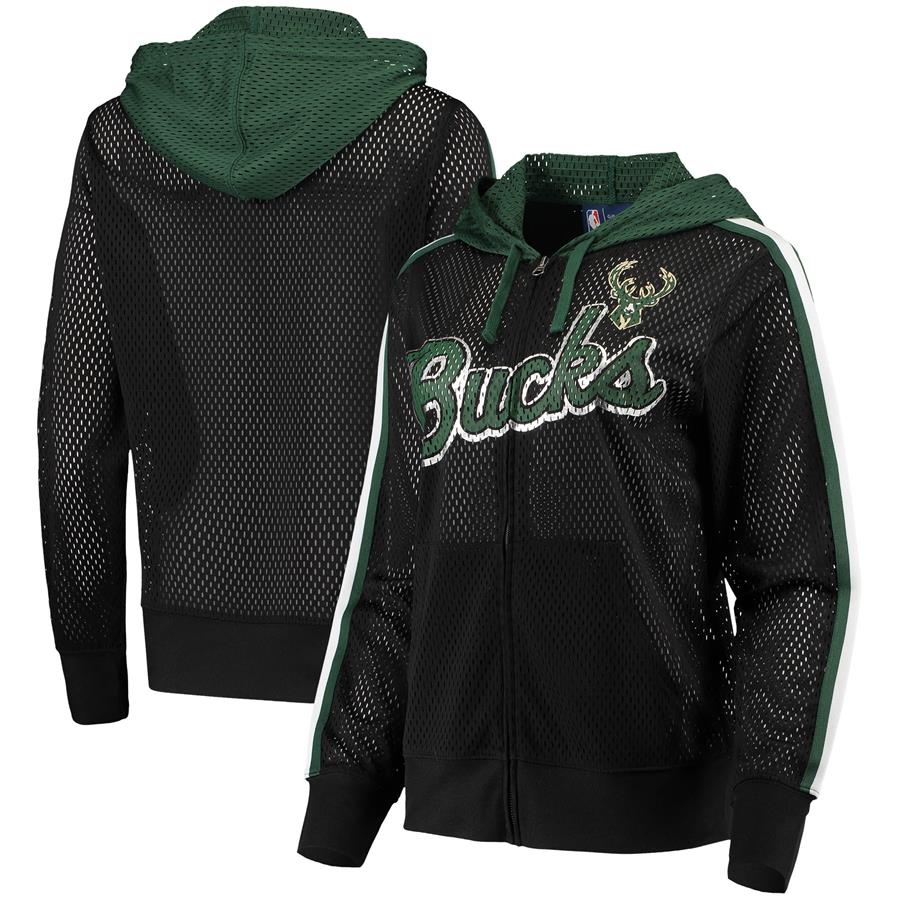 Milwaukee Bucks G-III 4Her by Carl Banks Women's Top of the Key Foil Mesh Full-Zip Hoodie - Black