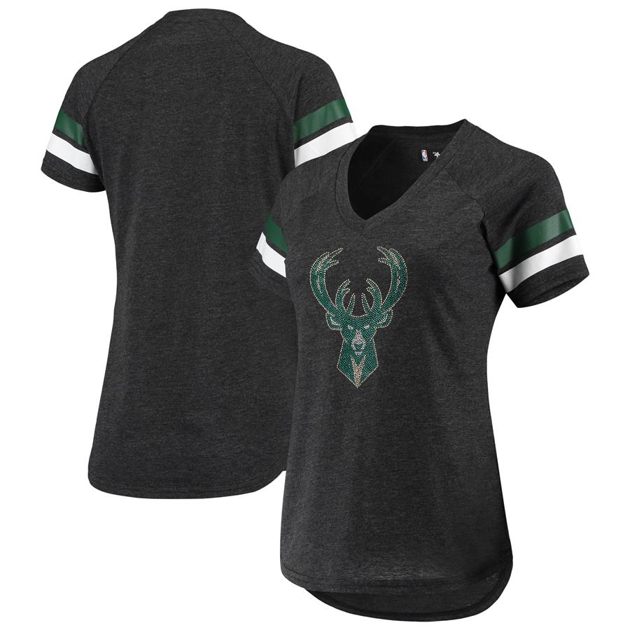 Milwaukee Bucks G-III 4Her by Carl Banks Women's Triple Double Rhinestone Tri-Blend V-Neck T-Shirt - Black