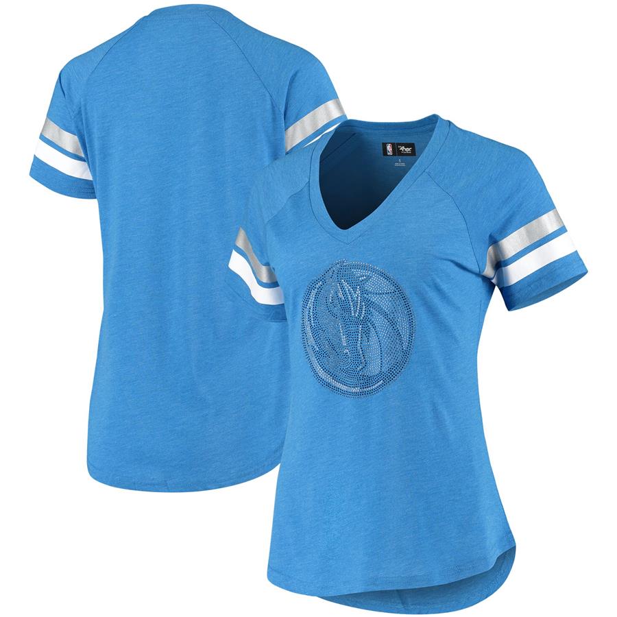 Dallas Mavericks G-III 4Her by Carl Banks Women's Triple Double Rhinestone Tri-Blend V-Neck T-Shirt - Heathered Blue