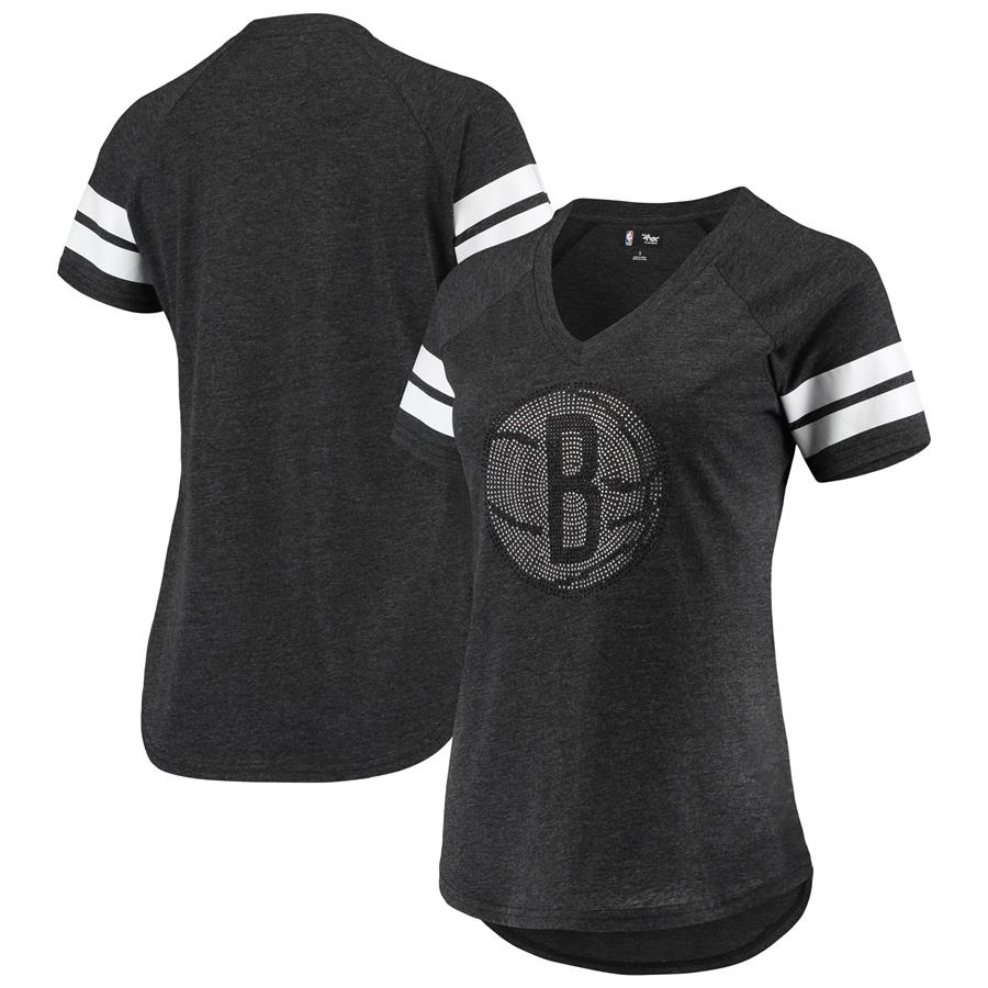 Brooklyn Nets G-III 4Her by Carl Banks Women's Triple Double Rhinestone Tri-Blend V-Neck T-Shirt - Black