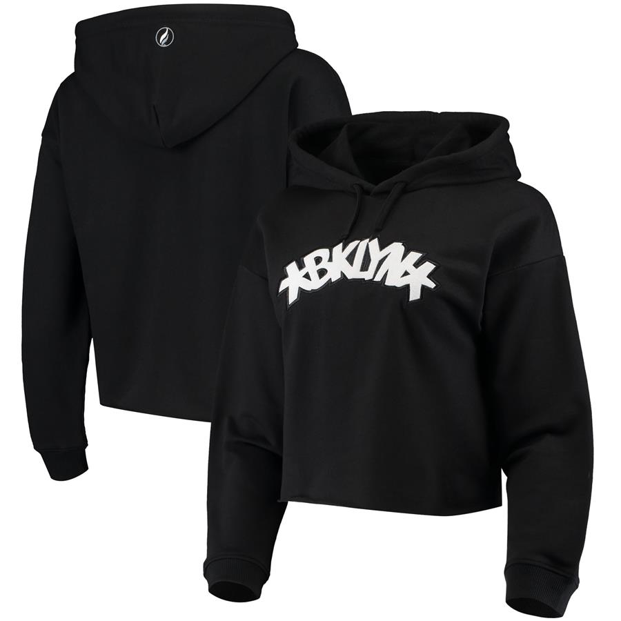 Brooklyn Nets FISLL Women's Logo Cropped Pullover Hoodie - Black