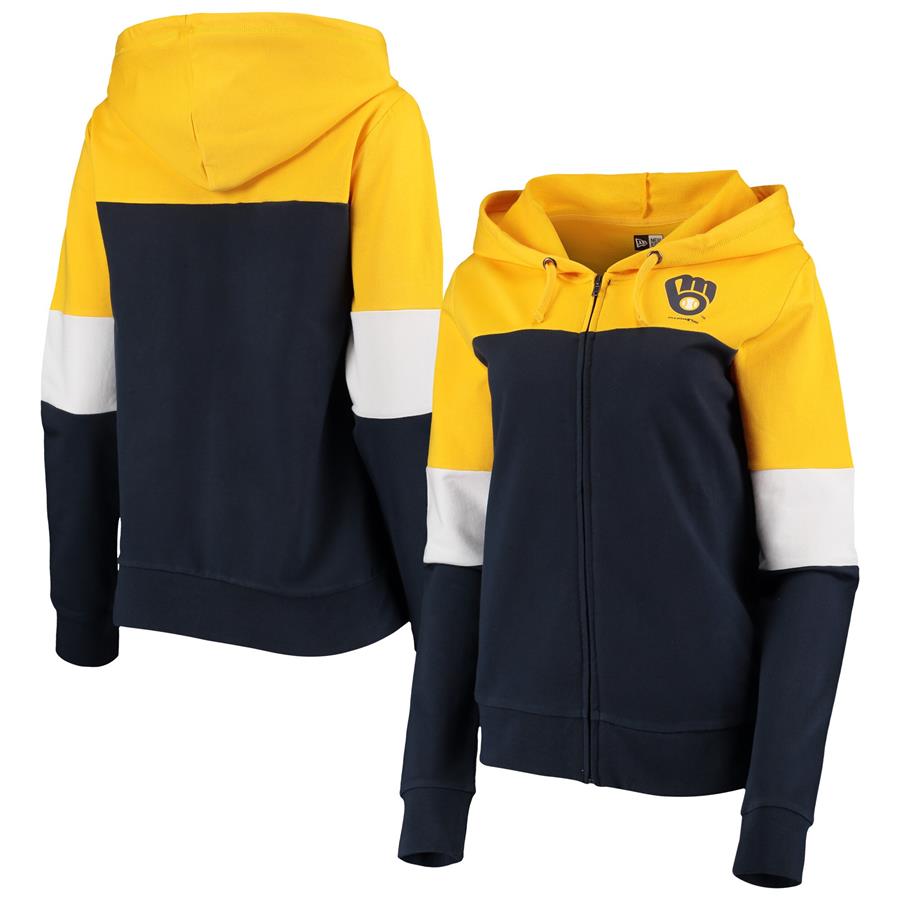 Milwaukee Brewers New Era Women's Colorblock French Terry Full-Zip Hoodie - Navy