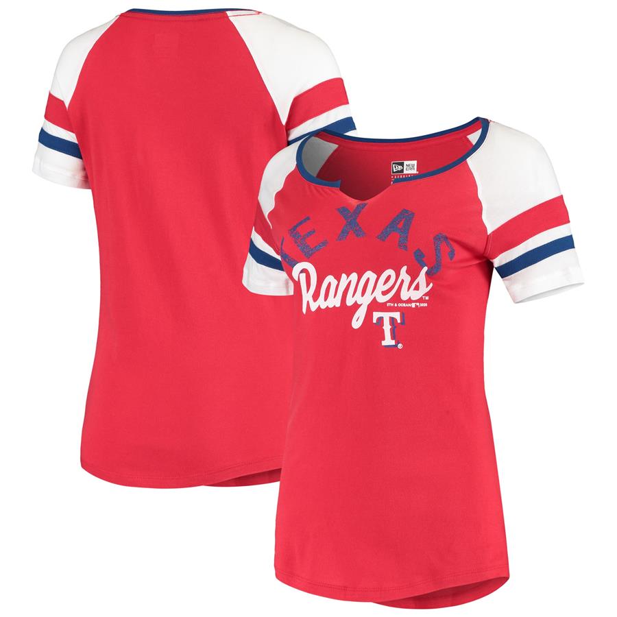 Texas Rangers New Era Women's Striped Sleeve V-Notch T-Shirt - Red