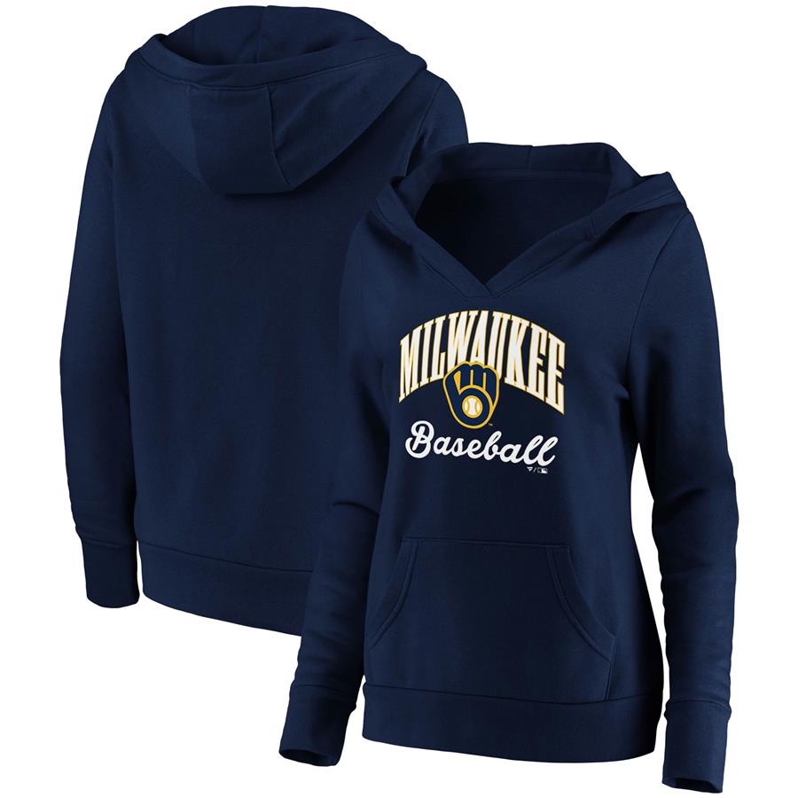 Milwaukee Brewers Fanatics Branded Women's Victory Script Crossover Neck Pullover Hoodie - Navy