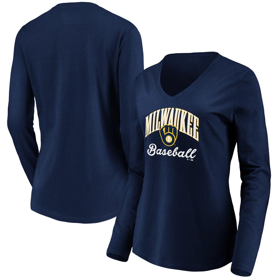 Milwaukee Brewers Fanatics Branded Women's Victory Script V-Neck Long Sleeve T-Shirt - Navy