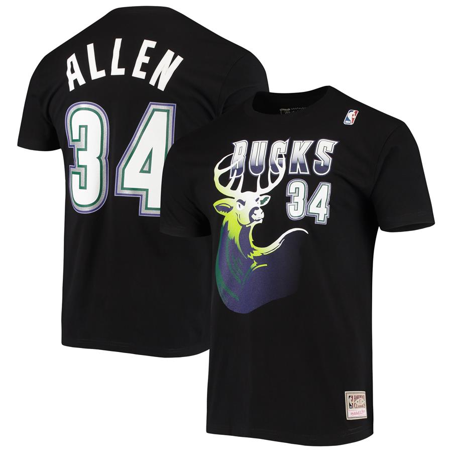 Ray Allen Milwaukee Bucks Mitchell & Ness Hardwood Classics Stitch Name & Number T-Shirt - Black