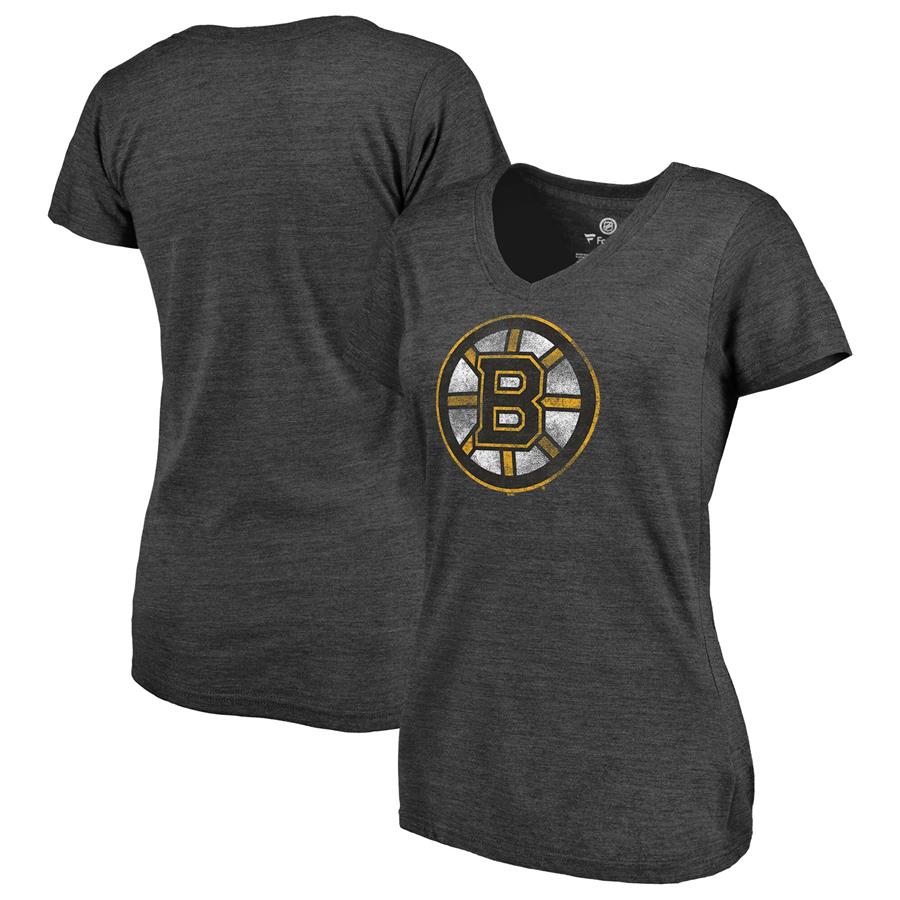 Boston Bruins Fanatics Branded Women's Distressed Team Tri-Blend V-Neck T-Shirt - Heathered Charcoal