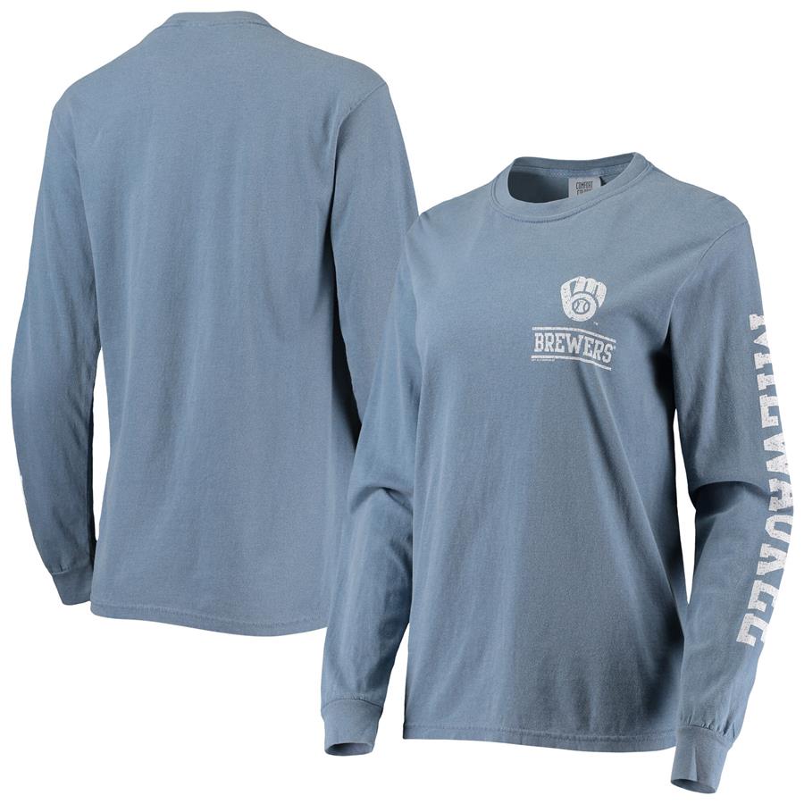 Milwaukee Brewers Soft as a Grape Women's Pigment Dye Comfort Colors Long Sleeve T-Shirt - Navy