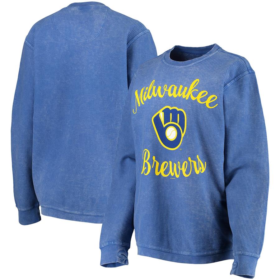 Milwaukee Brewers G-III 4Her by Carl Banks Women's Script Comfy Cord Pullover Sweatshirt - Royal