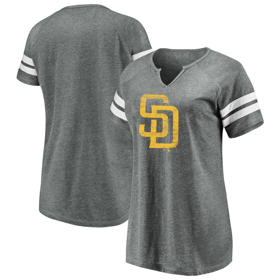 San Diego Padres Fanatics Branded Women's Weathered Official Logo Tri-Blend Notch Neck T-Shirt - Heathered Gray