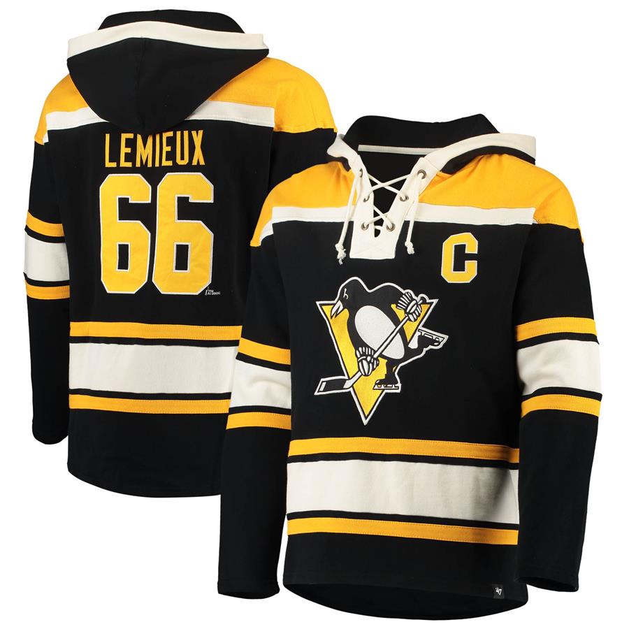 Mario Lemieux Pittsburgh Penguins '47 Retired Player Name & Number Lacer Pullover Hoodie - Black