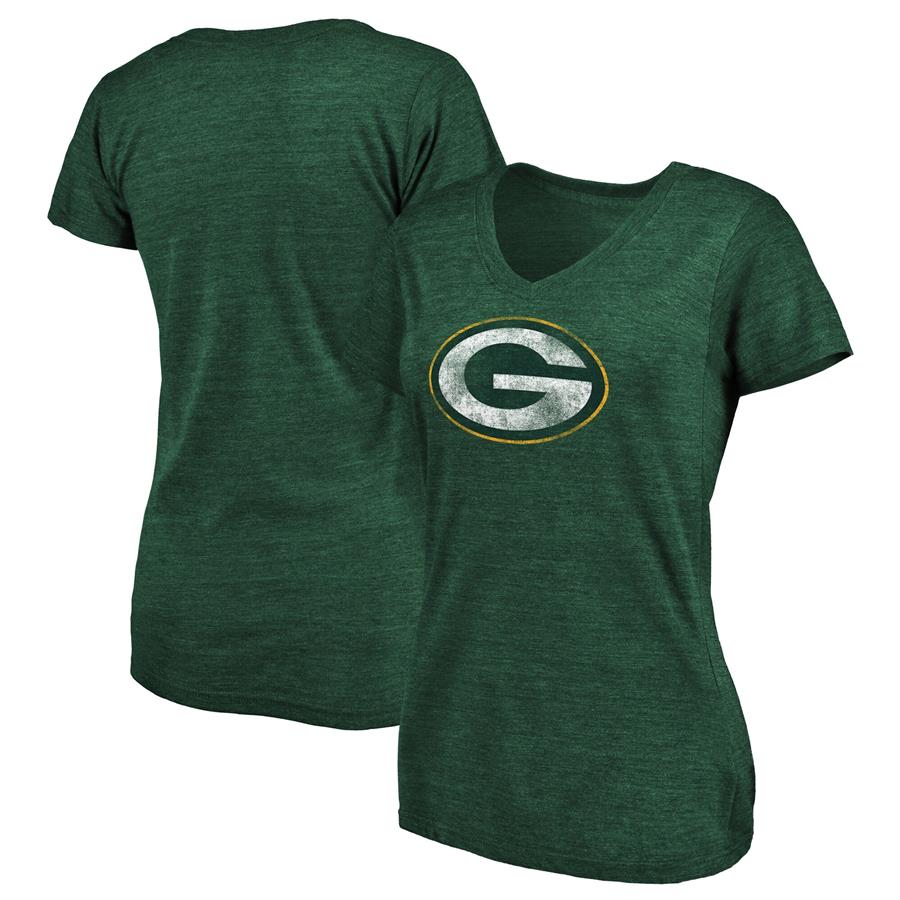 Green Bay Packers Fanatics Branded Women's Distressed Team Tri-Blend V-Neck T-Shirt - Heathered Green