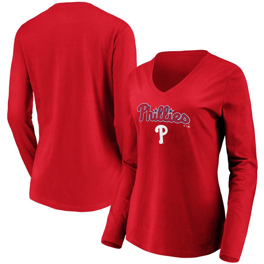 Philadelphia Phillies Fanatics Branded Women's Core Team Lockup Long Sleeve V-Neck T-Shirt - Red