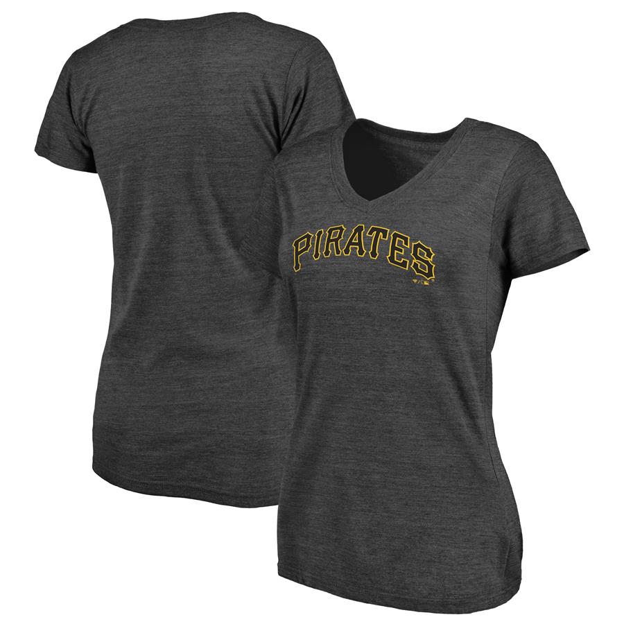 Pittsburgh Pirates Fanatics Branded Women's Wordmark Tri-Blend V-Neck T-Shirt - Heather Charcoal