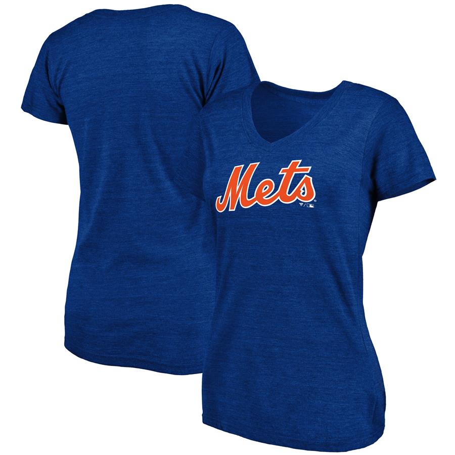 New York Mets Fanatics Branded Women's Wordmark Tri-Blend V-Neck T-Shirt - Heathered Royal