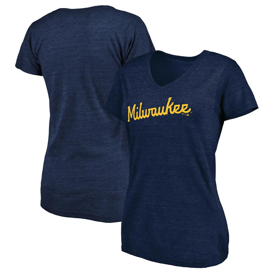 Milwaukee Brewers Fanatics Branded Women's Wordmark Tri-Blend V-Neck T-Shirt - Heathered Navy