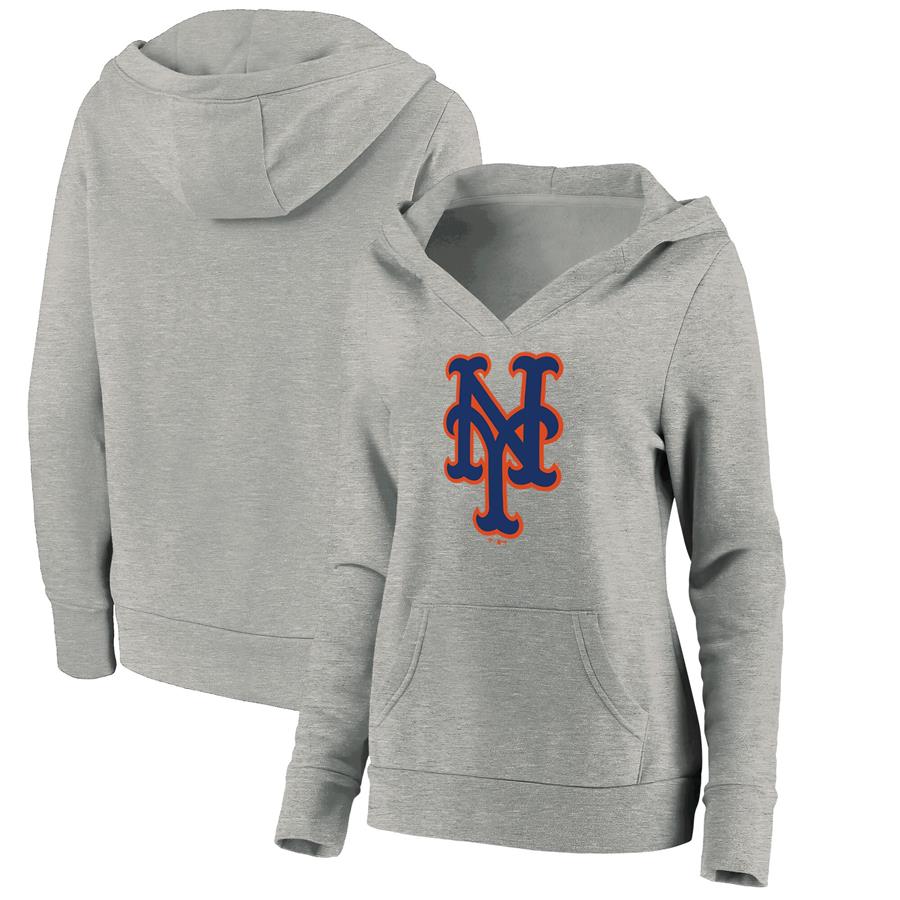 New York Mets Fanatics Branded Women's Official Logo V-Neck Pullover Hoodie - Heathered Gray
