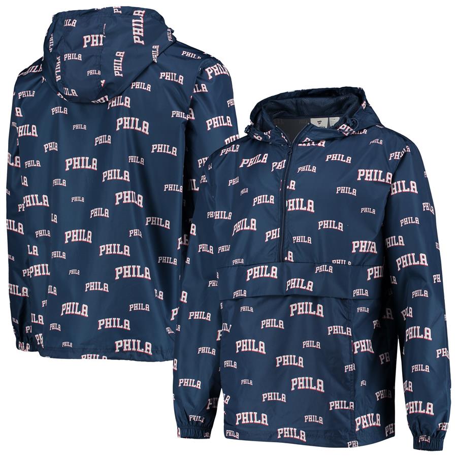 Philadelphia 76ers Fanatics Branded All-Over Workdmark Half-Zip Hoodie Anorak Jacket - Navy