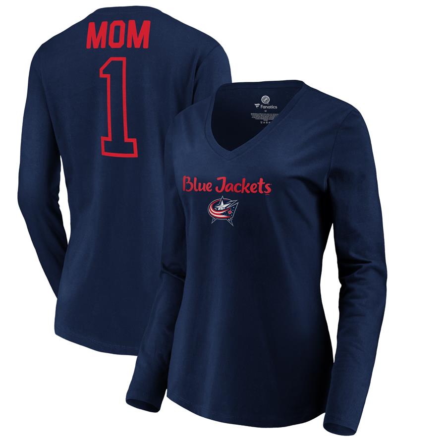 Columbus Blue Jackets Fanatics Branded Women's #1 Mom V-Neck Long Sleeve T-Shirt - Navy