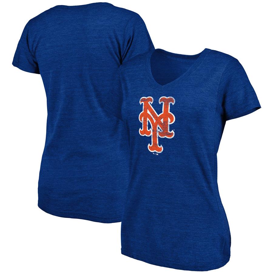 New York Mets Fanatics Branded Women's Core Weathered Tri-Blend V-Neck T-Shirt - Heathered Royal