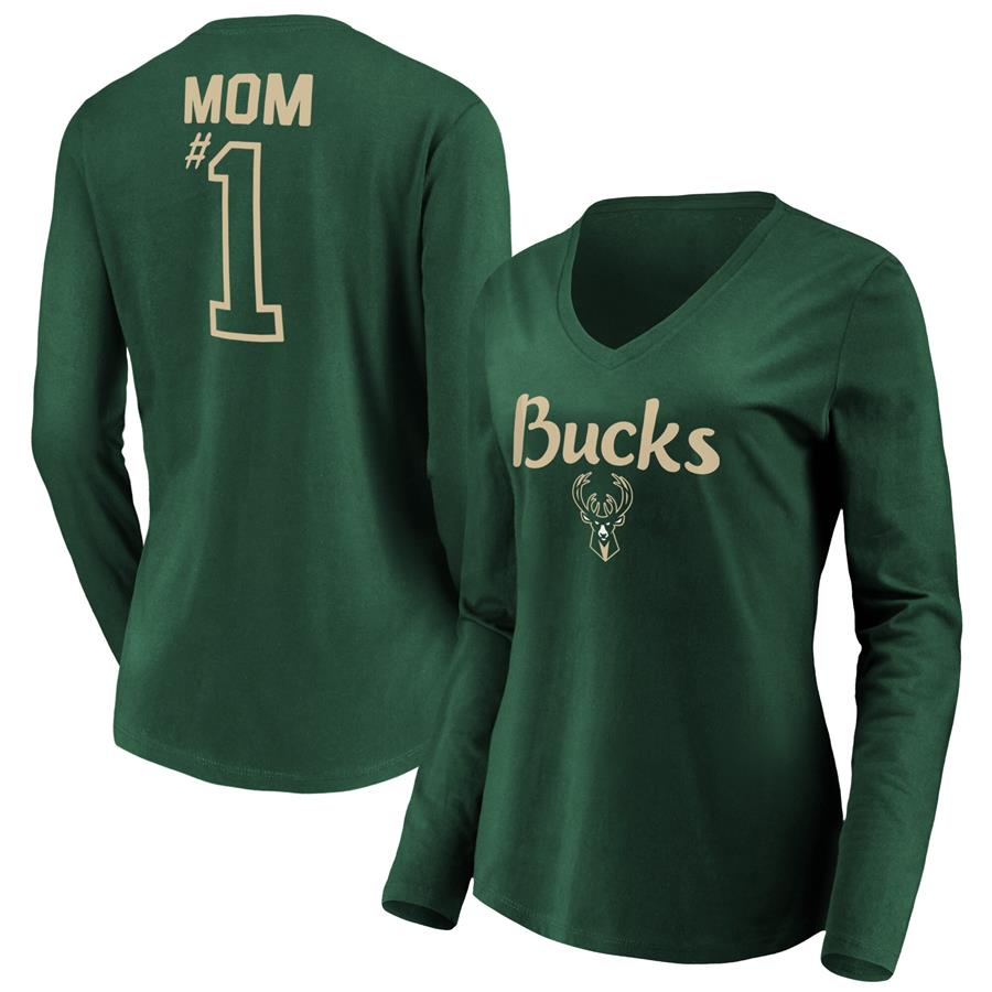 Milwaukee Bucks Fanatics Branded Women's #1 Mom Long Sleeve V-Neck T-Shirt - Hunter Green