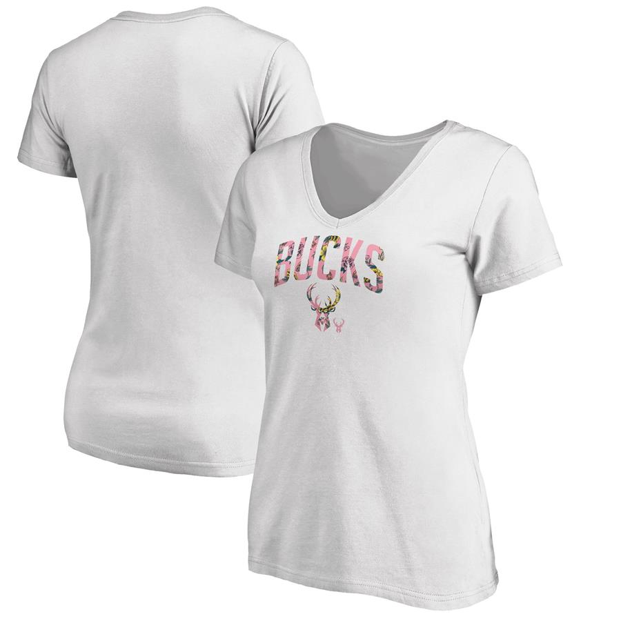 Milwaukee Bucks Fanatics Branded Women's Floral Arch V-Neck T-Shirt - White