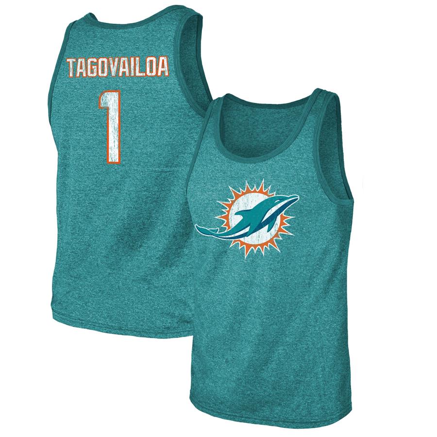 Tua Tagovailoa Miami Dolphins Fanatics Branded Name & Number Tri-Blend Tank Top - Aqua