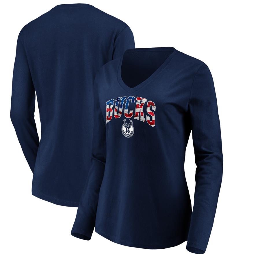 Milwaukee Bucks Fanatics Branded Women's Banner Wave V-Neck Long Sleeve T-Shirt - Navy