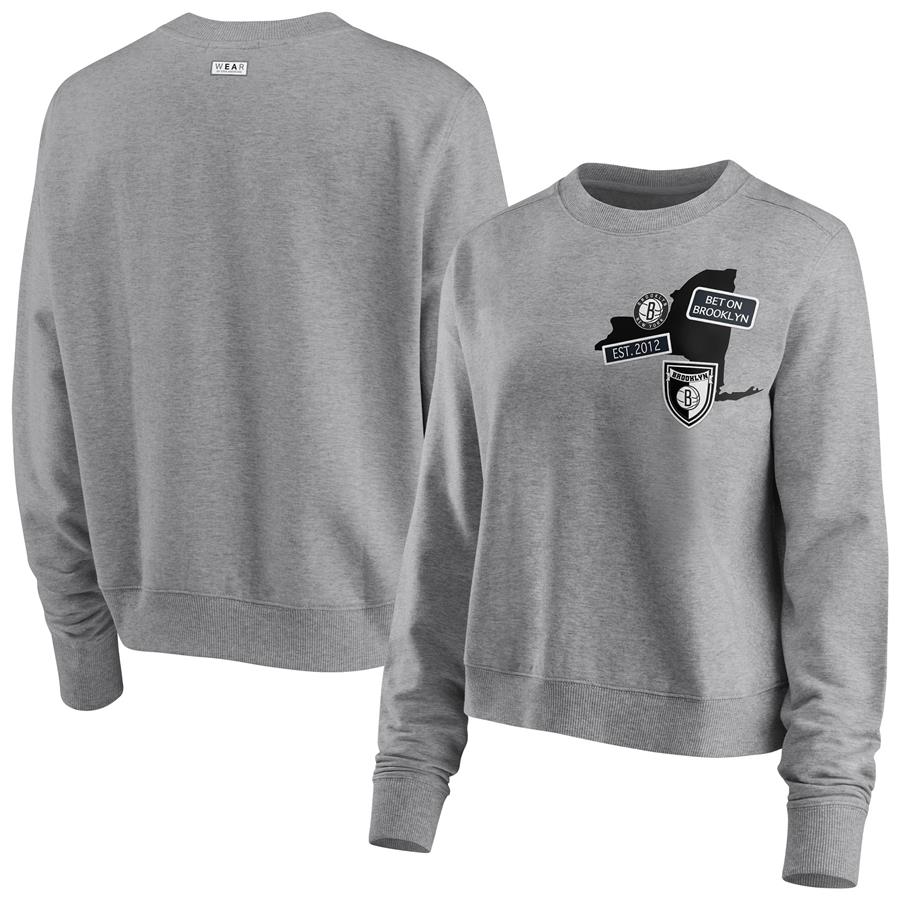Brooklyn Nets WEAR by Erin Andrews Women's Patch Applique Pullover Sweatshirt - Heathered Gray