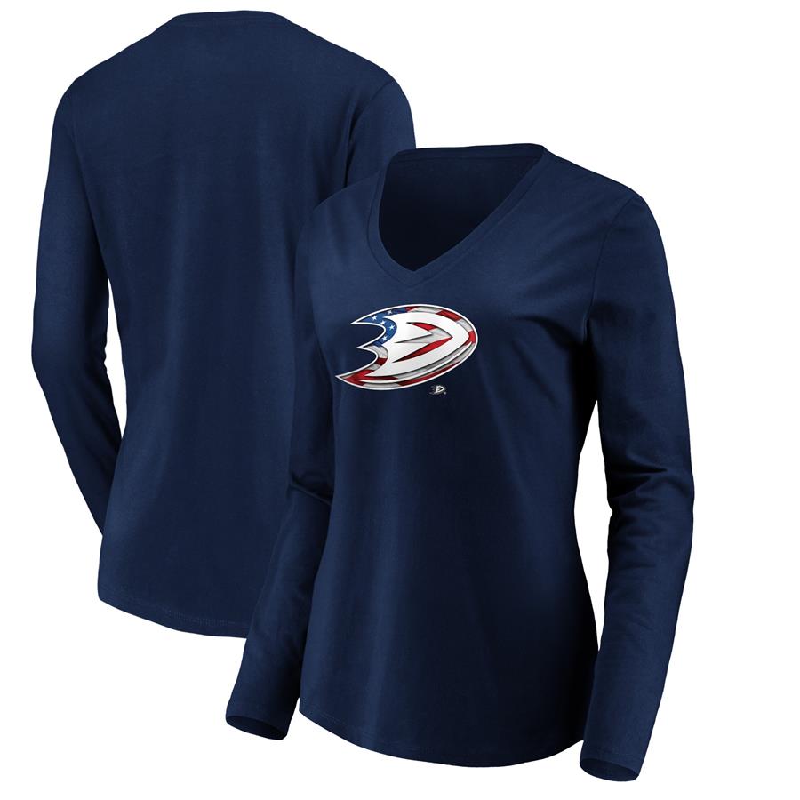 Anaheim Ducks Fanatics Branded women's Banner Wave Logo Long Sleeve V-Neck T-Shirt - Navy