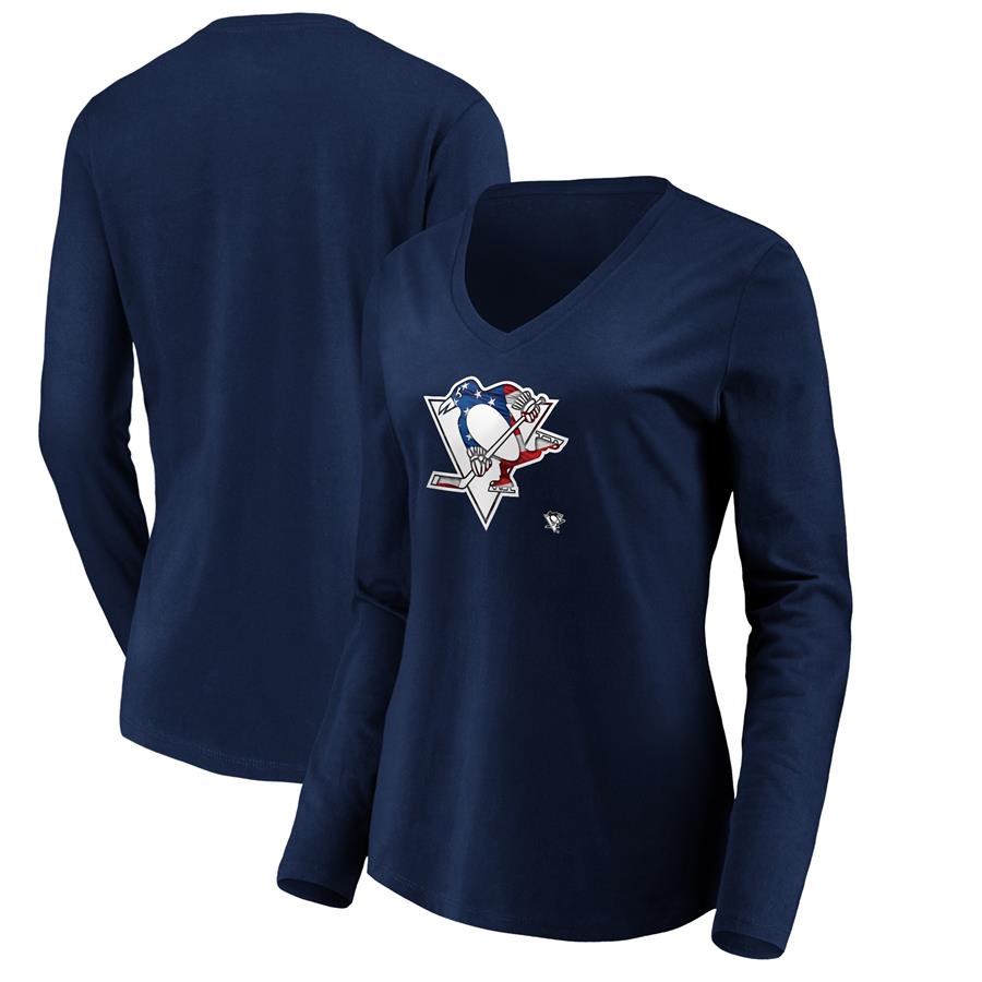Pittsburgh Penguins Fanatics Branded women's Banner Wave Logo Long Sleeve V-Neck T-Shirt - Navy
