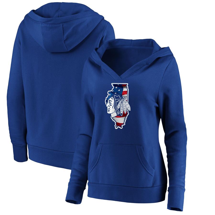 Chicago Blackhawks Fanatics Branded Women's NHL Banner State V-Neck Pullover Hoodie - Royal