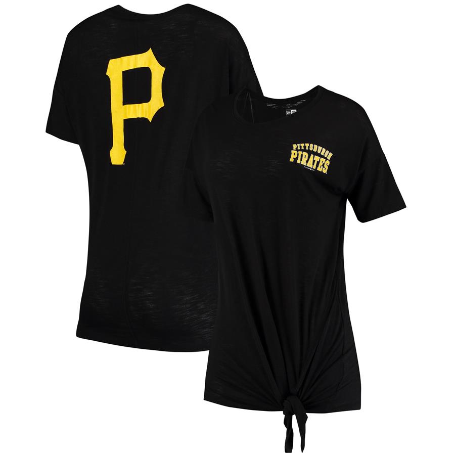 Pittsburgh Pirates New Era Women's Slub Jersey Scoop Neck Side Tie T-Shirt - Black