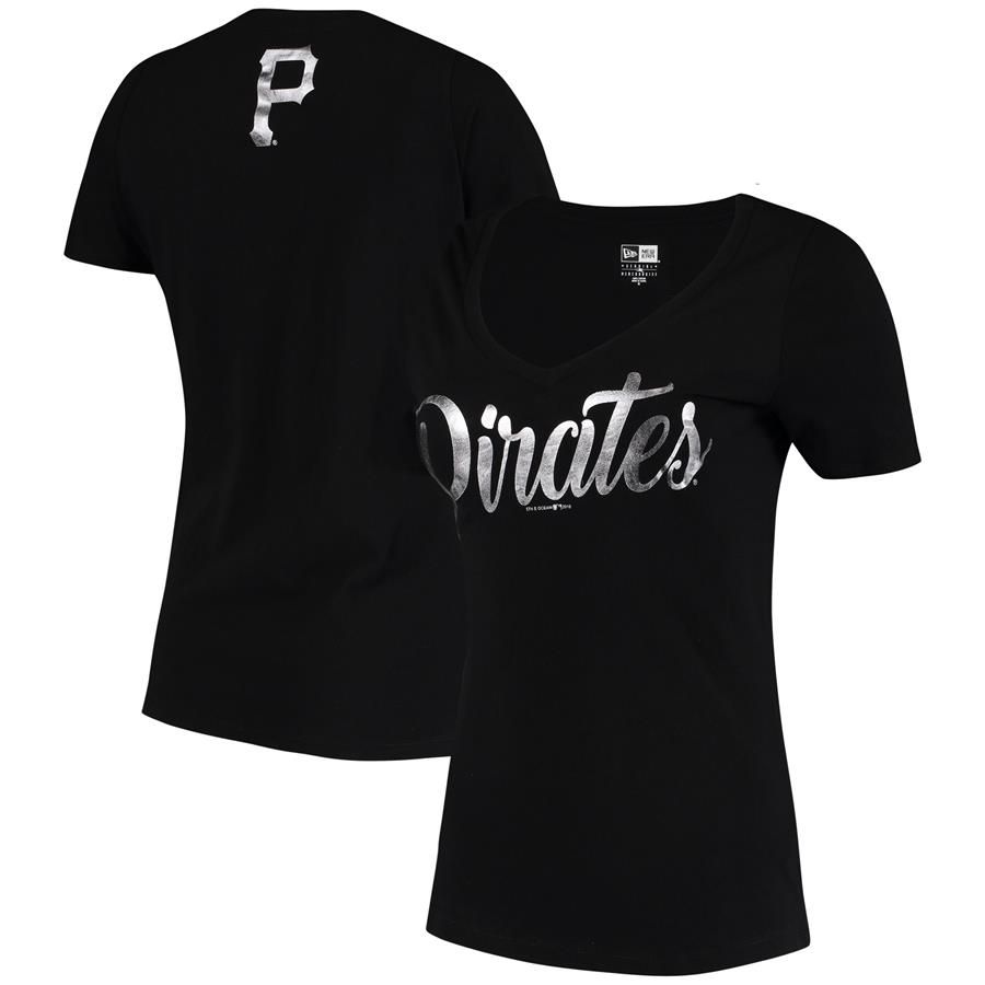 Pittsburgh Pirates 5th & Ocean by New Era Women's Tonal Script V-Neck T-Shirt - Black