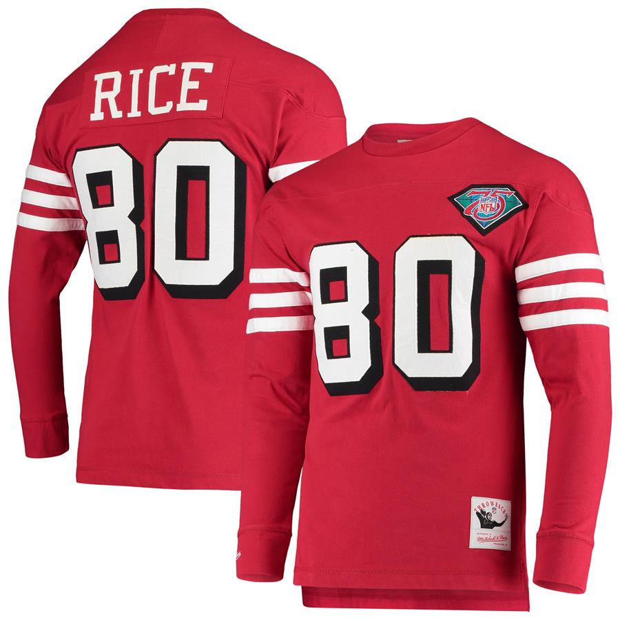 Jerry Rice San Francisco 49ers Mitchell & Ness Throwback Retired Player Name & Number Long Sleeve Top - Scarlet