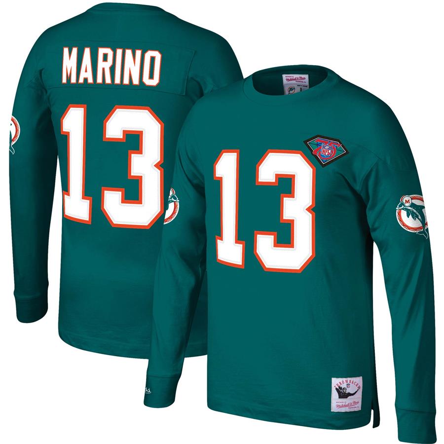 Dan Marino Miami Dolphins Mitchell & Ness Throwback Retired Player Name & Number Long Sleeve Top - Aqua
