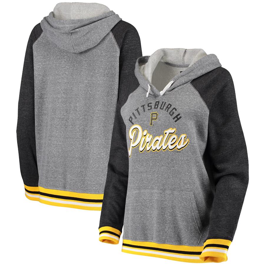 Pittsburgh Pirates New Era Women's Cuff Tri-Blend Raglan Pullover Hoodie - Heathered Gray