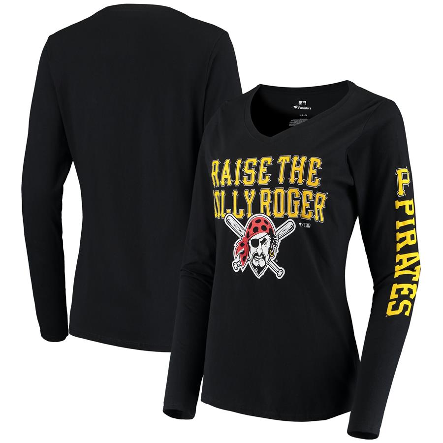 Pittsburgh Pirates Fanatics Branded Women's Jolly Roger V-Neck Long Sleeve T-Shirt - Black