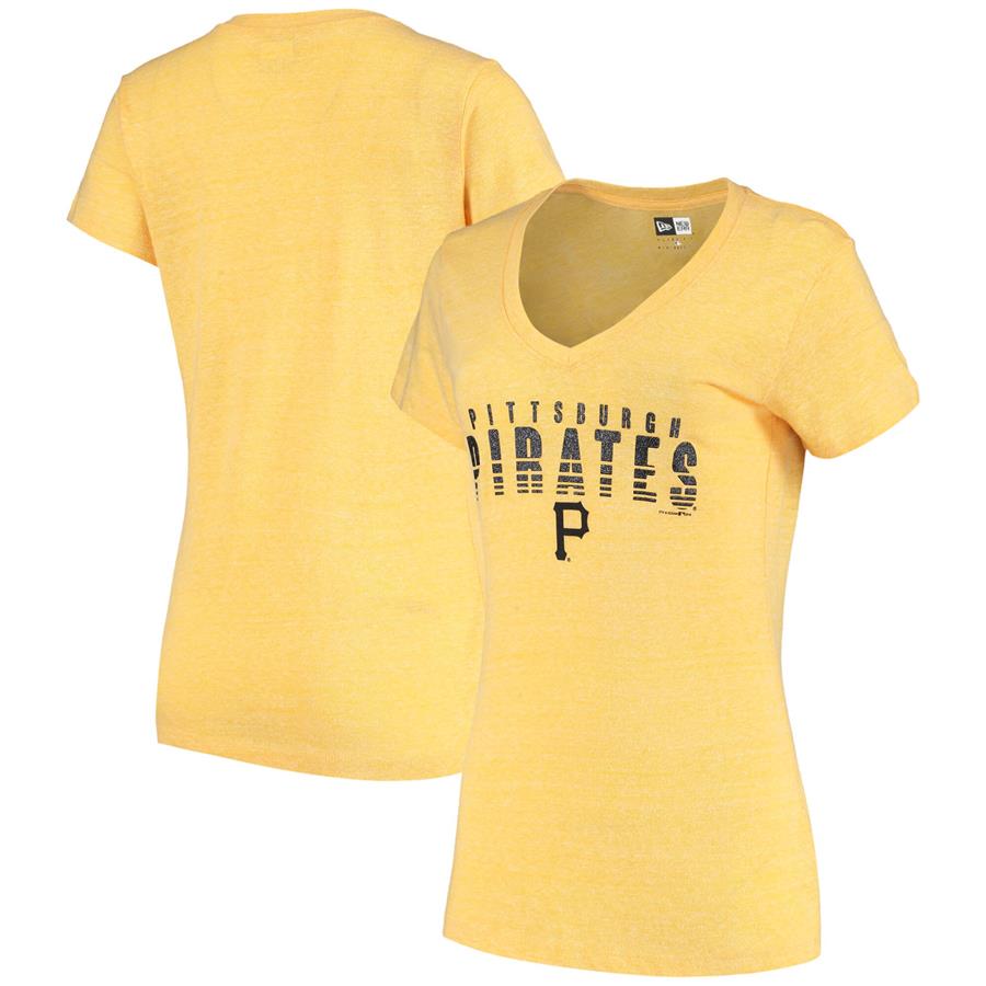 Pittsburgh Pirates 5th & Ocean by New Era Women's Logo Tri-Blend V-Neck T-Shirt - Heathered Gold