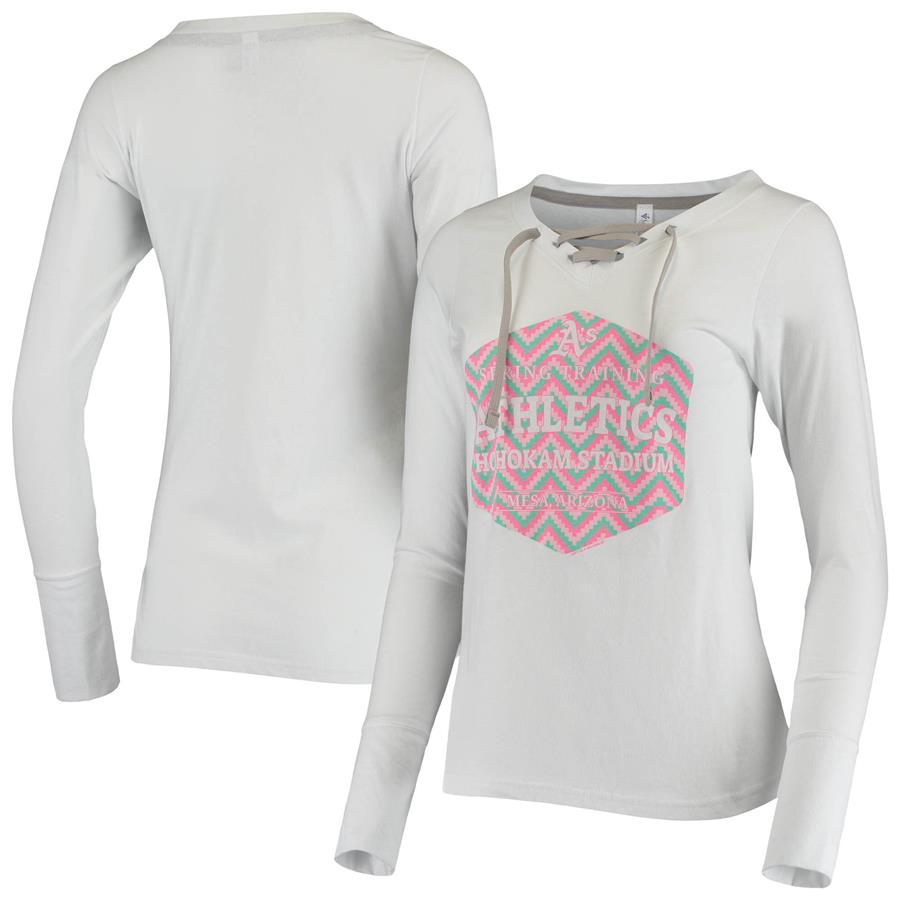 Oakland Athletics Soft as a Grape Women's Spring Training Soco Lace Up V-Neck Long Sleeve T-Shirt - White