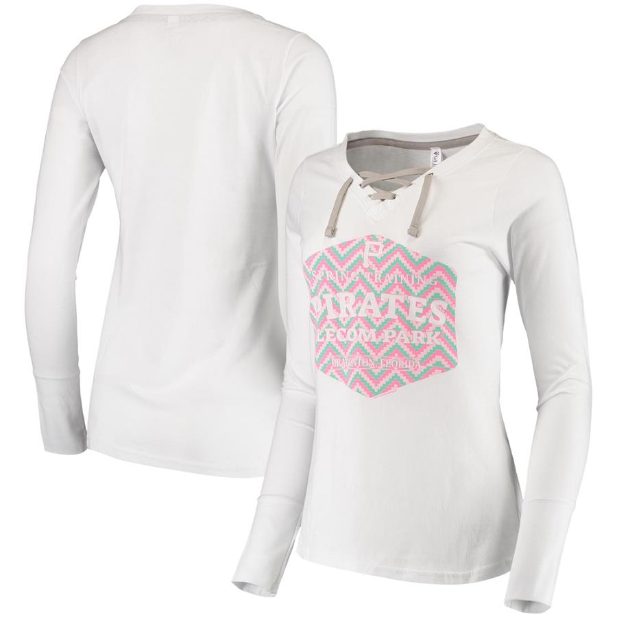Pittsburgh Pirates Soft as a Grape Women's Spring Training Soco Lace Up V-Neck Long Sleeve T-Shirt - White