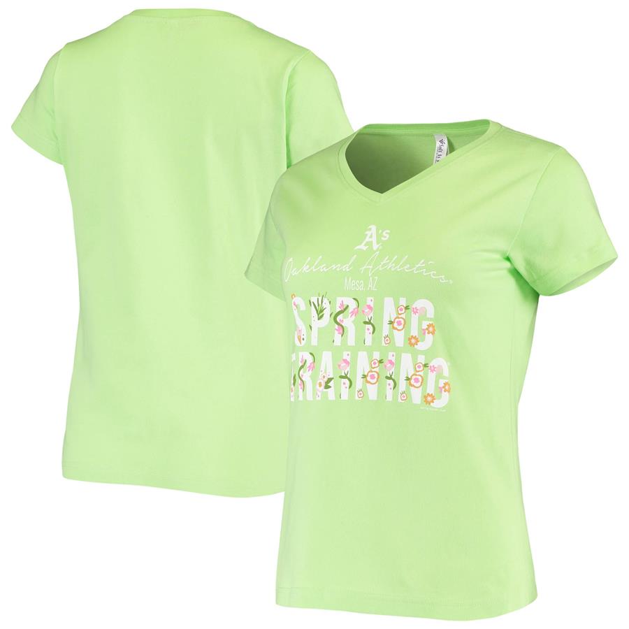 Oakland Athletics Soft as a Grape Women's Spring Training Script Floral V-Neck T-Shirt - Green