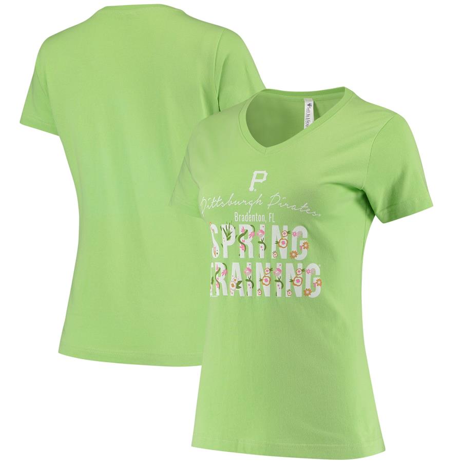 Pittsburgh Pirates Soft as a Grape Women's Spring Training Script Floral V-Neck T-Shirt - Green
