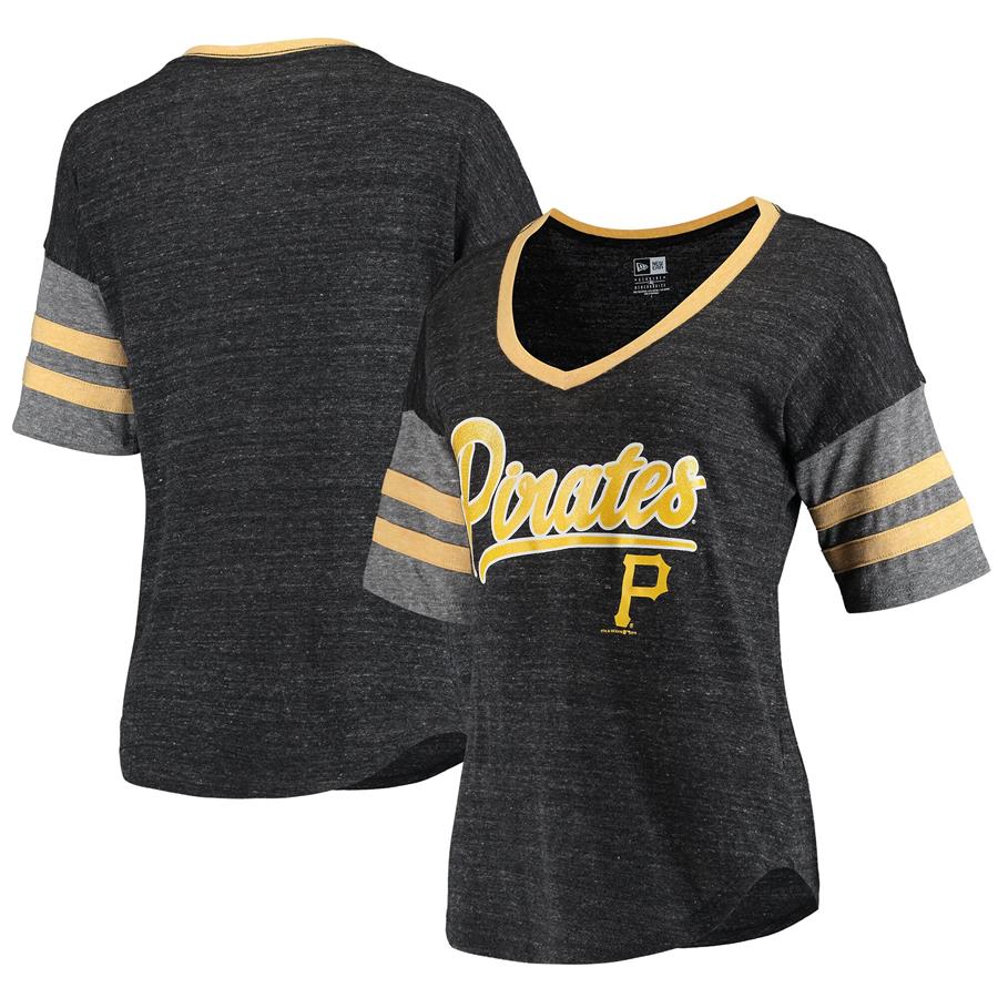 Pittsburgh Pirates 5th & Ocean by New Era Women's Stripes Tri-Blend V-Neck T-Shirt - Heathered Black