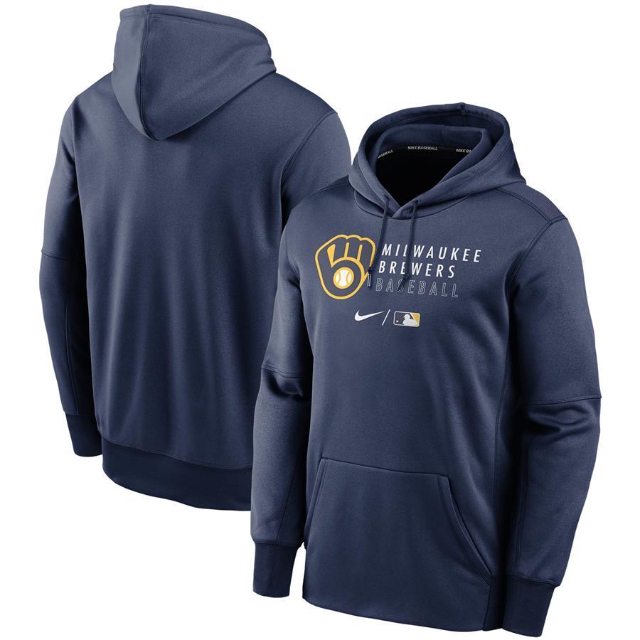 Milwaukee Brewers Nike Authentic Collection Logo Stack Performance Pullover Hoodie - Navy