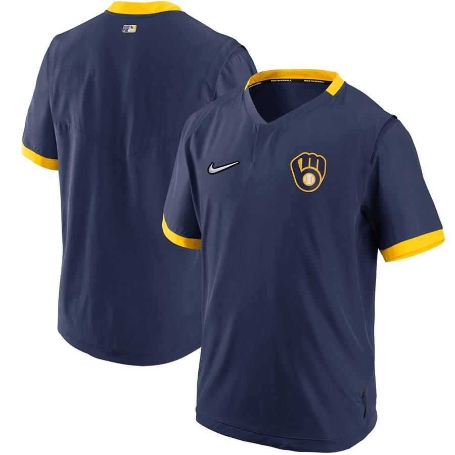 Milwaukee Brewers Nike Authentic Collection Short Sleeve Hot Pullover Jacket - Navy