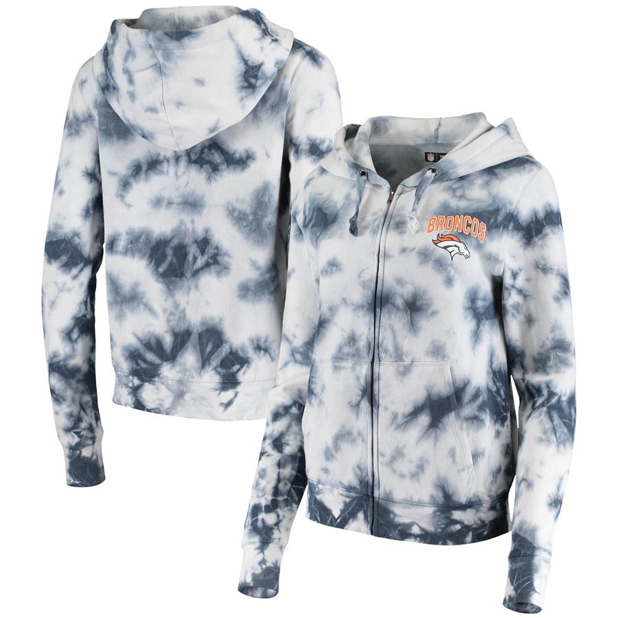 Denver Broncos New Era Women's Tie Dye Fleece Full-Zip Hoodie - Navy