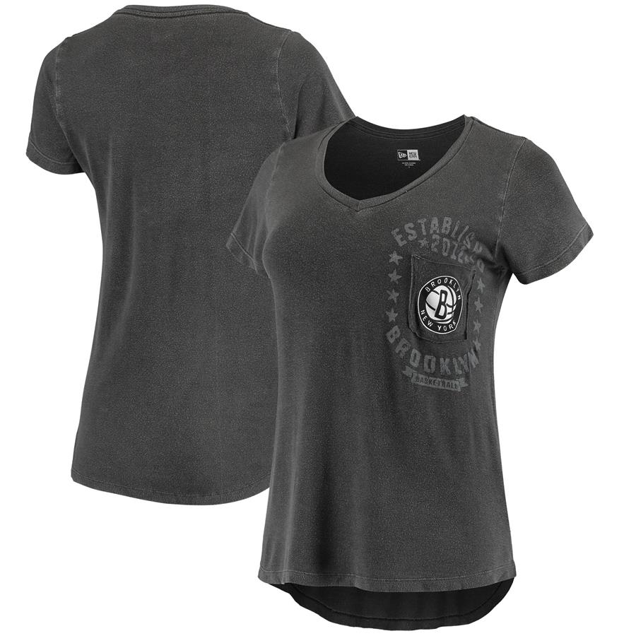 Brooklyn Nets New Era Women's Pocket Detail Pigment Dye Jersey V-Neck T-Shirt - Black